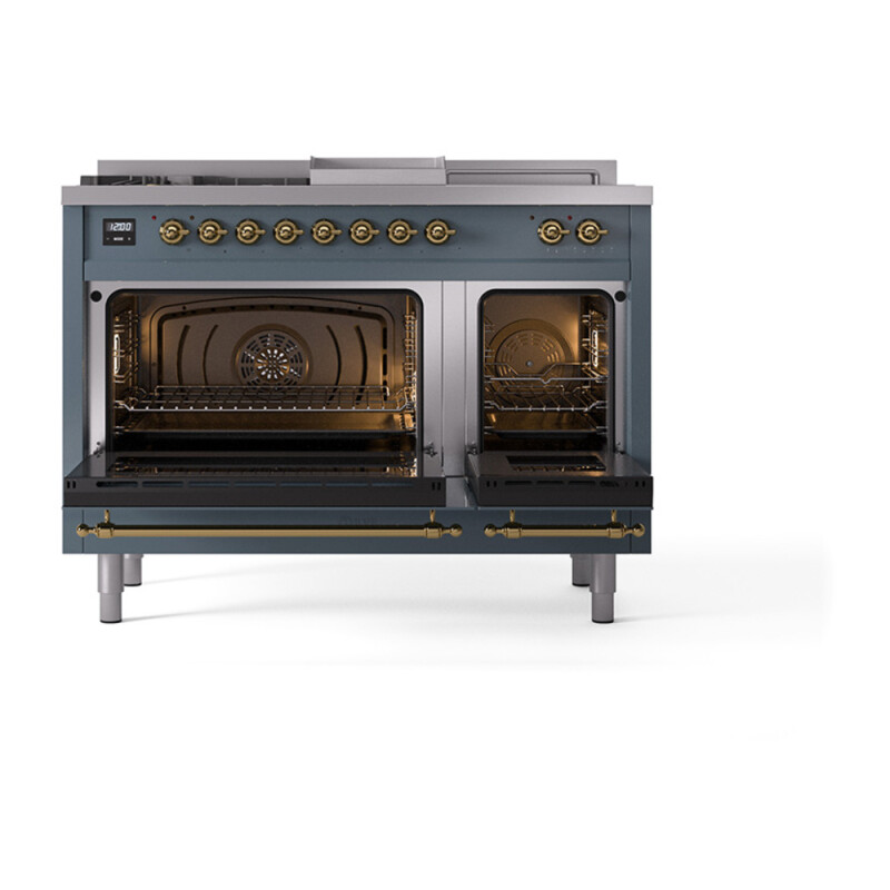 Nostalgie II Noblesse 48″ Dual Fuel Range  (5 Sealed Burners + Griddle + French Top, Natural Gas, Triple Glass Door, Blue Grey, Brass) UN48FSNMPBGG