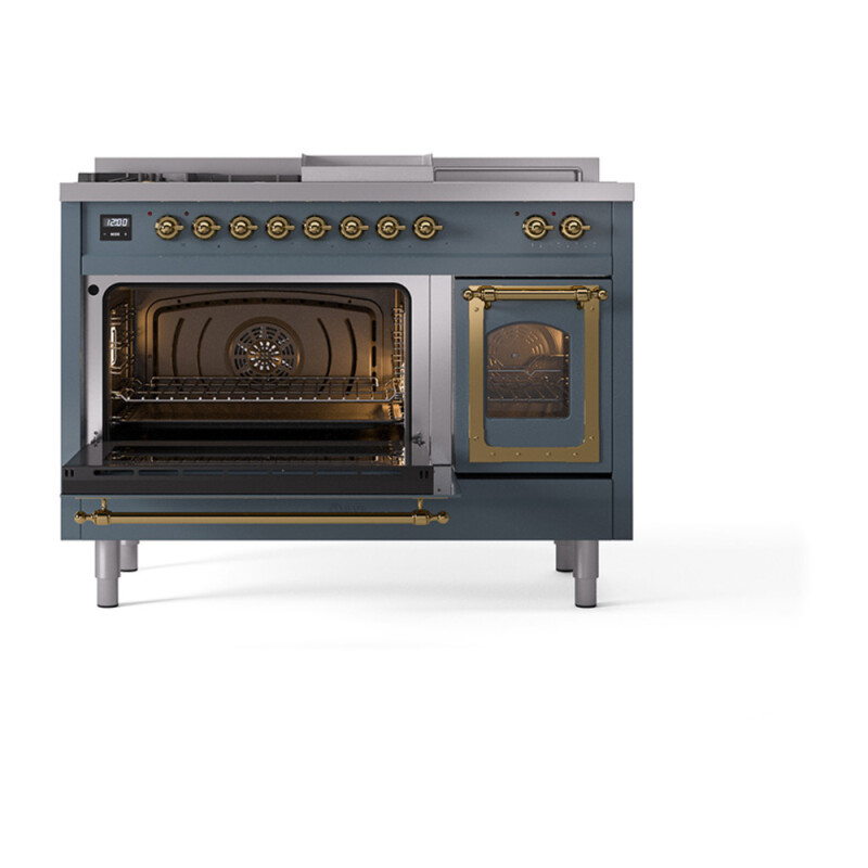 Nostalgie II Noblesse 48″ Dual Fuel Range  (5 Sealed Burners + Griddle + French Top, Natural Gas, Triple Glass Door, Blue Grey, Brass) UN48FSNMPBGG