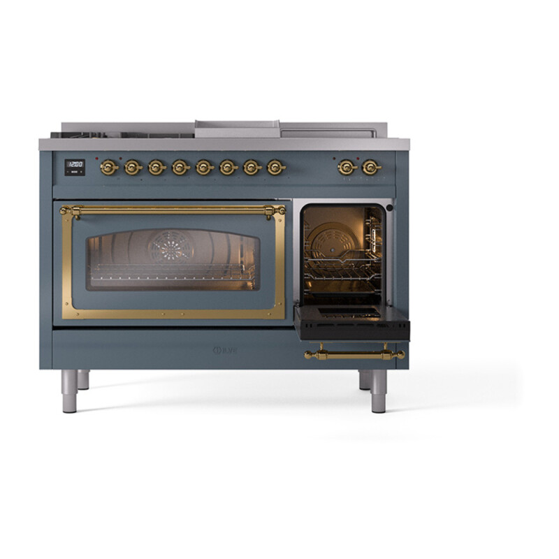 Nostalgie II Noblesse 48″ Dual Fuel Range  (5 Sealed Burners + Griddle + French Top, Natural Gas, Triple Glass Door, Blue Grey, Brass) UN48FSNMPBGG