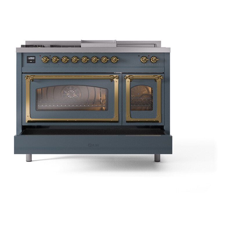Nostalgie II Noblesse 48″ Dual Fuel Range  (5 Sealed Burners + Griddle + French Top, Natural Gas, Triple Glass Door, Blue Grey, Brass) UN48FSNMPBGG