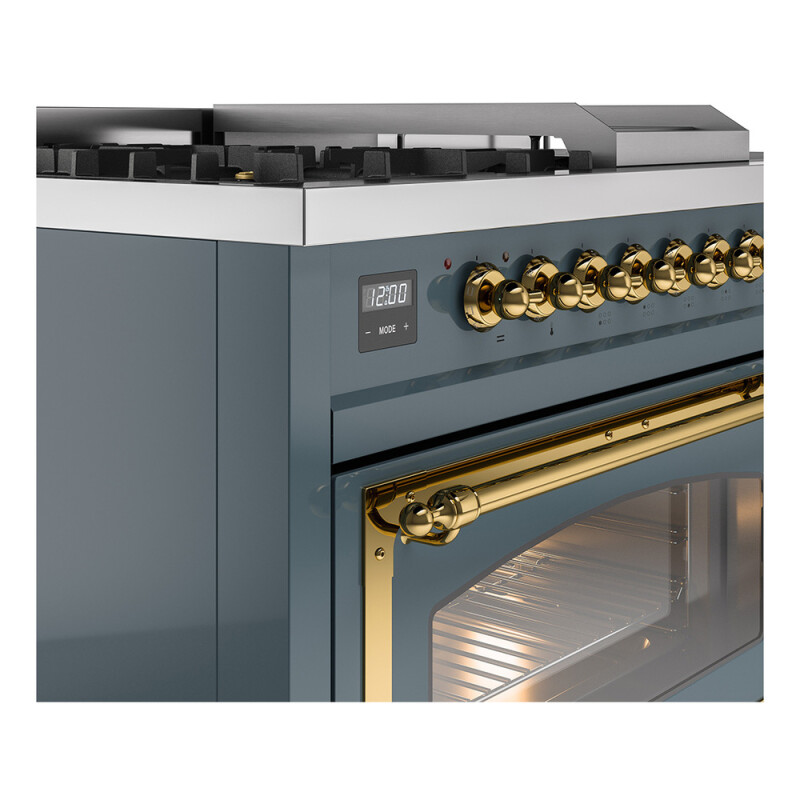 Nostalgie II Noblesse 48″ Dual Fuel Range  (5 Sealed Burners + Griddle + French Top, Natural Gas, Triple Glass Door, Blue Grey, Brass) UN48FSNMPBGG