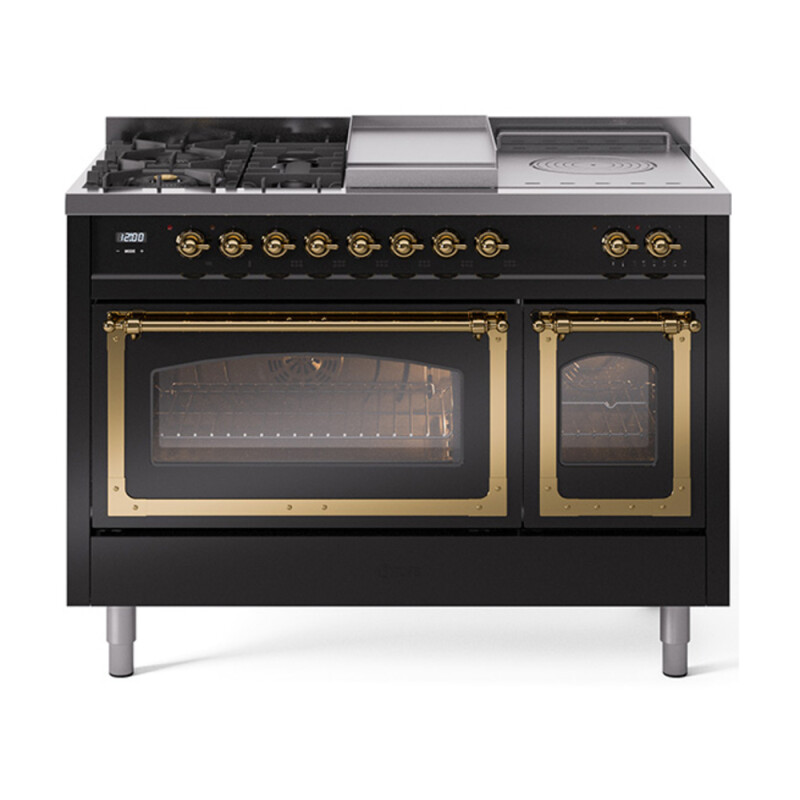 Nostalgie II Noblesse 48″ Dual Fuel Range  (5 Sealed Burners + Griddle + French Top, Liquid Propane, Triple Glass Door, Glossy Black, Brass) UN48FSNMPBKGLP