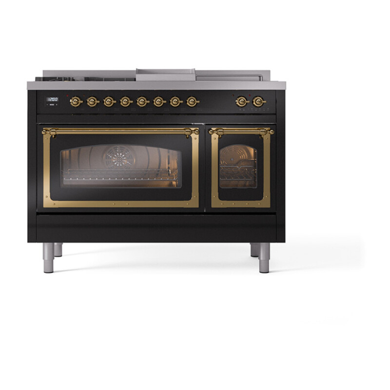 Nostalgie II Noblesse 48″ Dual Fuel Range  (5 Sealed Burners + Griddle + French Top, Liquid Propane, Triple Glass Door, Glossy Black, Brass) UN48FSNMPBKGLP