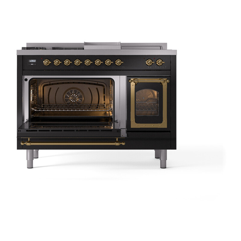 Nostalgie II Noblesse 48″ Dual Fuel Range  (5 Sealed Burners + Griddle + French Top, Liquid Propane, Triple Glass Door, Glossy Black, Brass) UN48FSNMPBKGLP