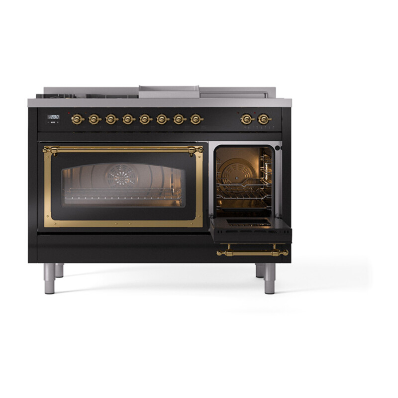 Nostalgie II Noblesse 48″ Dual Fuel Range  (5 Sealed Burners + Griddle + French Top, Liquid Propane, Triple Glass Door, Glossy Black, Brass) UN48FSNMPBKGLP
