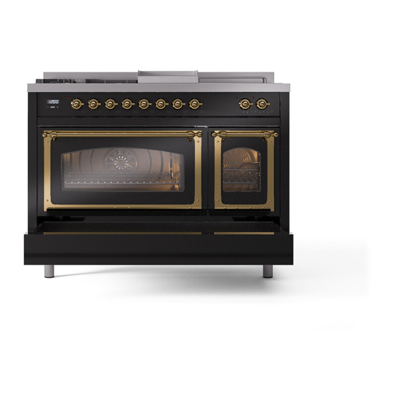 Nostalgie II Noblesse 48″ Dual Fuel Range  (5 Sealed Burners + Griddle + French Top, Liquid Propane, Triple Glass Door, Glossy Black, Brass) UN48FSNMPBKGLP