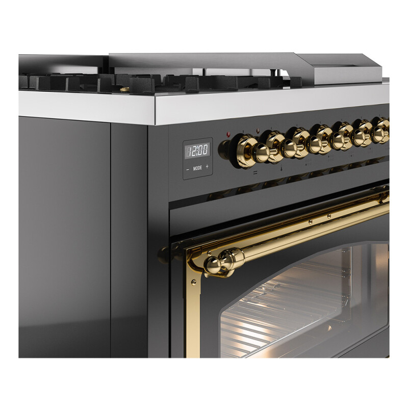 Nostalgie II Noblesse 48″ Dual Fuel Range  (5 Sealed Burners + Griddle + French Top, Liquid Propane, Triple Glass Door, Glossy Black, Brass) UN48FSNMPBKGLP