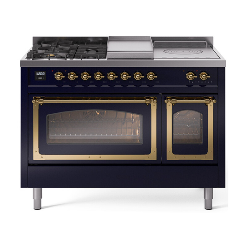 Nostalgie II Noblesse 48″ Dual Fuel Range  (5 Sealed Burners + Griddle + French Top, Liquid Propane, Triple Glass Door, Midnight Blue, Brass) UN48FSNMPMBGLP