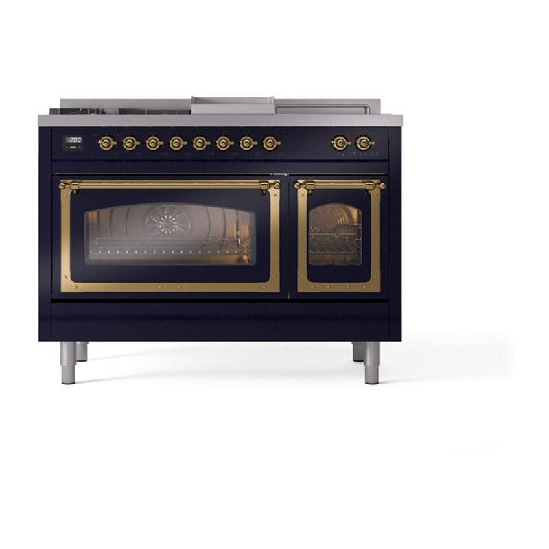 Nostalgie II Noblesse 48″ Dual Fuel Range  (5 Sealed Burners + Griddle + French Top, Liquid Propane, Triple Glass Door, Midnight Blue, Brass) UN48FSNMPMBGLP