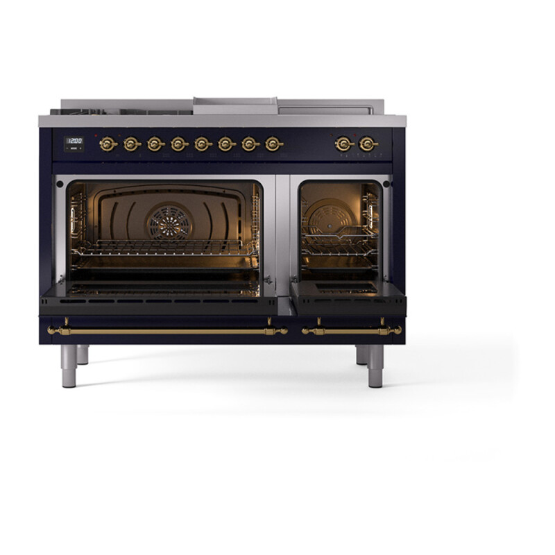 Nostalgie II Noblesse 48″ Dual Fuel Range  (5 Sealed Burners + Griddle + French Top, Liquid Propane, Triple Glass Door, Midnight Blue, Brass) UN48FSNMPMBGLP