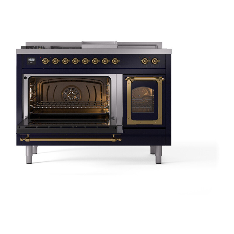 Nostalgie II Noblesse 48″ Dual Fuel Range  (5 Sealed Burners + Griddle + French Top, Liquid Propane, Triple Glass Door, Midnight Blue, Brass) UN48FSNMPMBGLP
