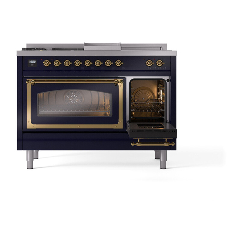 Nostalgie II Noblesse 48″ Dual Fuel Range  (5 Sealed Burners + Griddle + French Top, Liquid Propane, Triple Glass Door, Midnight Blue, Brass) UN48FSNMPMBGLP