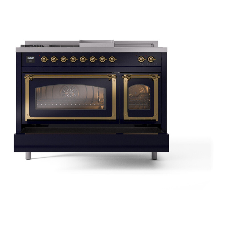 Nostalgie II Noblesse 48″ Dual Fuel Range  (5 Sealed Burners + Griddle + French Top, Liquid Propane, Triple Glass Door, Midnight Blue, Brass) UN48FSNMPMBGLP