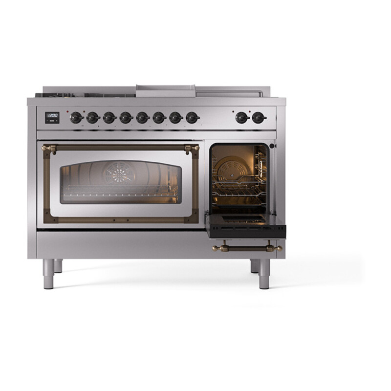 Nostalgie II Noblesse 48″ Dual Fuel Range  (5 Sealed Burners + Griddle + French Top, Natural Gas, Triple Glass Door, Stainless Steel, Burnished) UN48FSNMPSSB