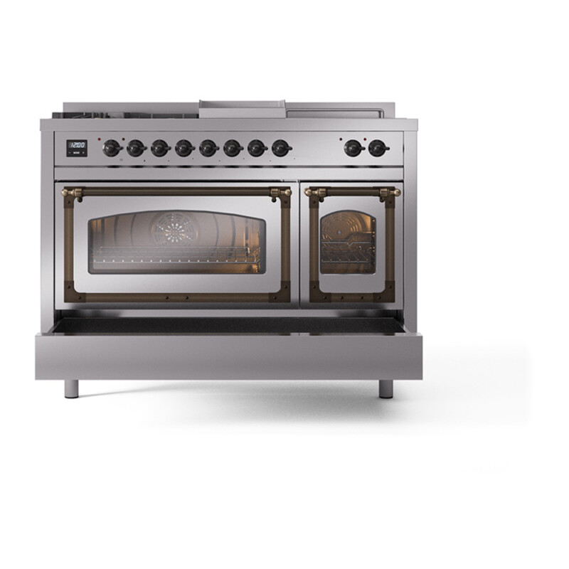 Nostalgie II Noblesse 48″ Dual Fuel Range  (5 Sealed Burners + Griddle + French Top, Natural Gas, Triple Glass Door, Stainless Steel, Burnished) UN48FSNMPSSB