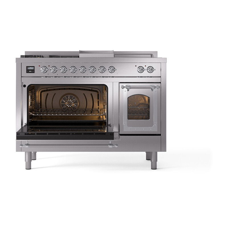 Nostalgie II Noblesse 48″ Dual Fuel Range  (5 Sealed Burners + Griddle + French Top, Liquid Propane, Triple Glass Door, Stainless Steel, Chrome) UN48FSNMPSSCLP