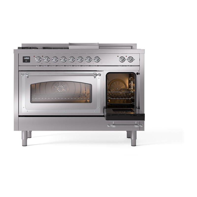 Nostalgie II Noblesse 48″ Dual Fuel Range  (5 Sealed Burners + Griddle + French Top, Liquid Propane, Triple Glass Door, Stainless Steel, Chrome) UN48FSNMPSSCLP