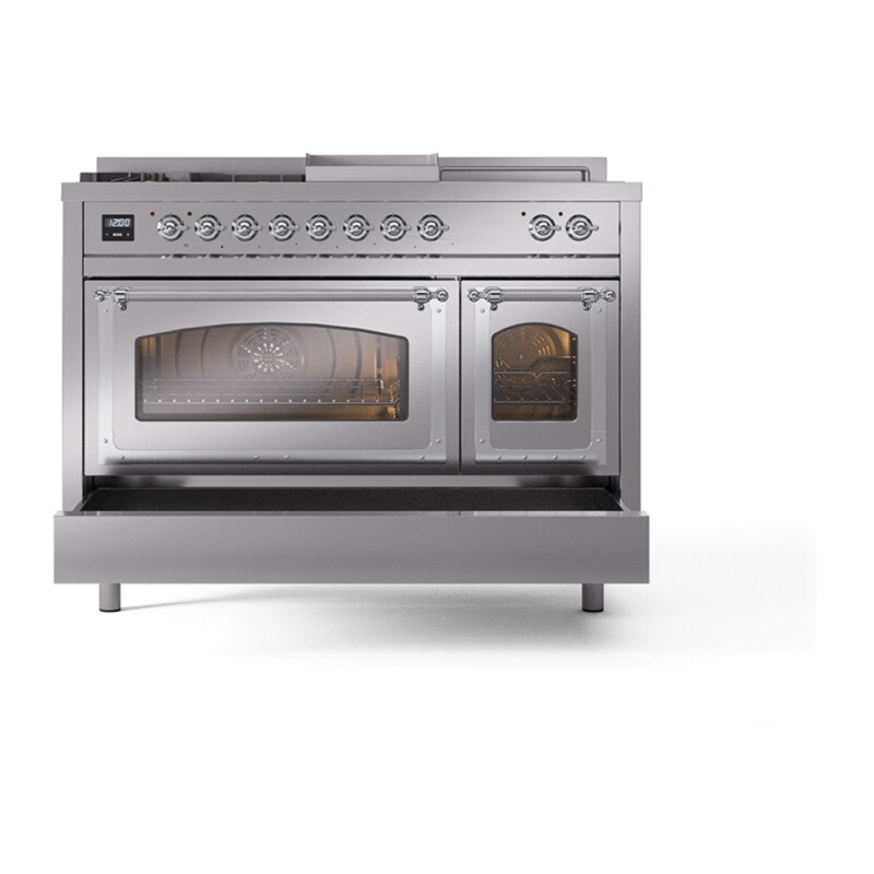 Nostalgie II Noblesse 48″ Dual Fuel Range  (5 Sealed Burners + Griddle + French Top, Liquid Propane, Triple Glass Door, Stainless Steel, Chrome) UN48FSNMPSSCLP