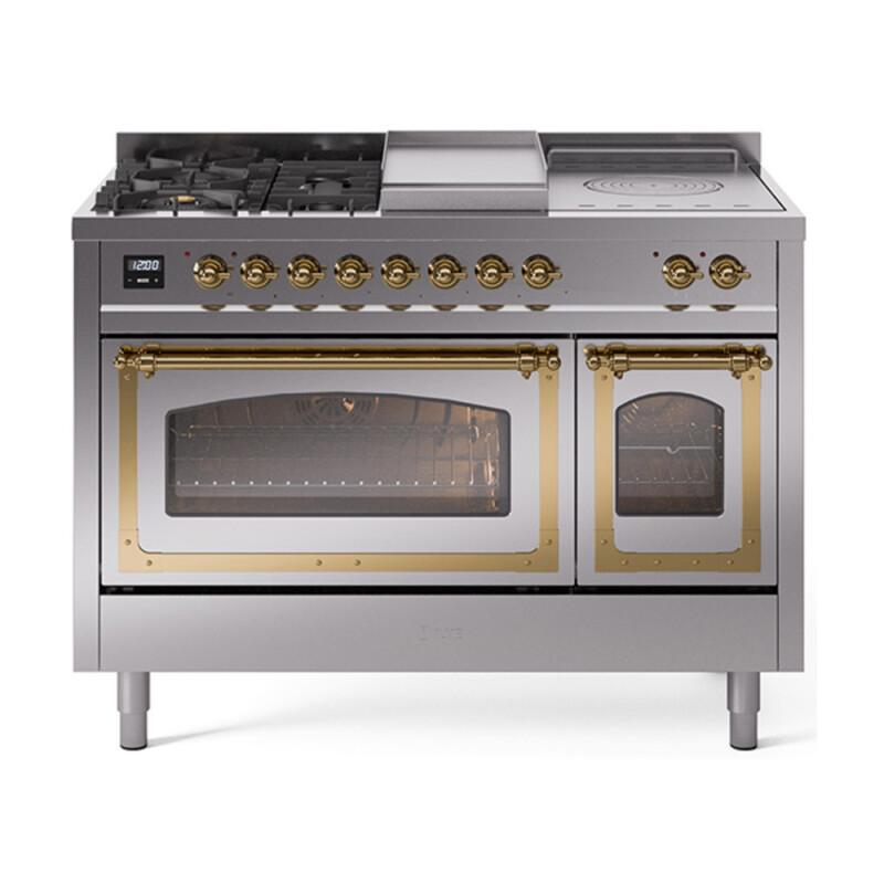 Nostalgie II Noblesse 48″ Dual Fuel Range (5 Sealed Burners + Griddle + French Top, Liquid Propane, Triple Glass Door, Stainless Steel, Brass) UN48FSNMPSSGLP