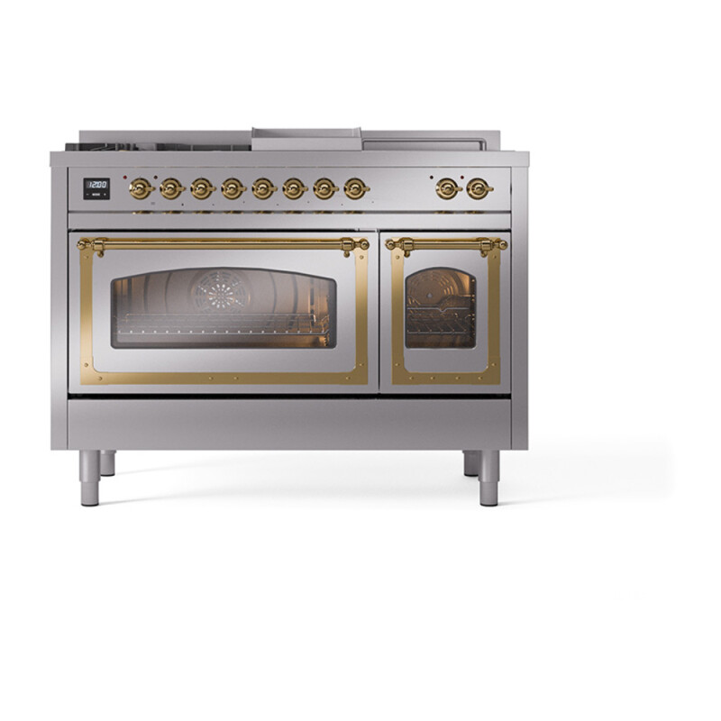Nostalgie II Noblesse 48″ Dual Fuel Range (5 Sealed Burners + Griddle + French Top, Liquid Propane, Triple Glass Door, Stainless Steel, Brass) UN48FSNMPSSGLP