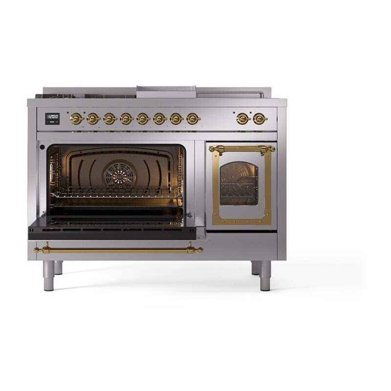 Nostalgie II Noblesse 48″ Dual Fuel Range (5 Sealed Burners + Griddle + French Top, Liquid Propane, Triple Glass Door, Stainless Steel, Brass) UN48FSNMPSSGLP