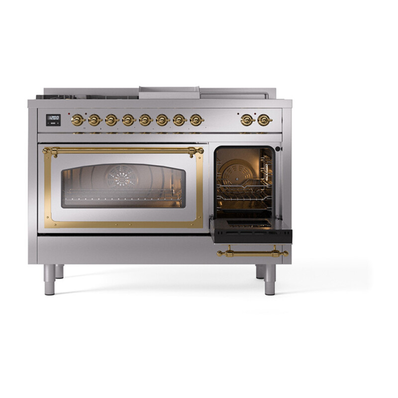 Nostalgie II Noblesse 48″ Dual Fuel Range (5 Sealed Burners + Griddle + French Top, Liquid Propane, Triple Glass Door, Stainless Steel, Brass) UN48FSNMPSSGLP