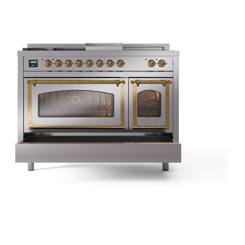 Nostalgie II Noblesse 48″ Dual Fuel Range (5 Sealed Burners + Griddle + French Top, Liquid Propane, Triple Glass Door, Stainless Steel, Brass) UN48FSNMPSSGLP