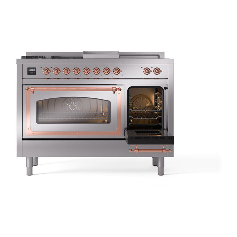 Nostalgie II Noblesse 48″ Dual Fuel Range  (5 Sealed Burners + Griddle + French Top, Liquid Propane, Triple Glass Door, Stainless Steel, Copper) UN48FSNMPSSPLP