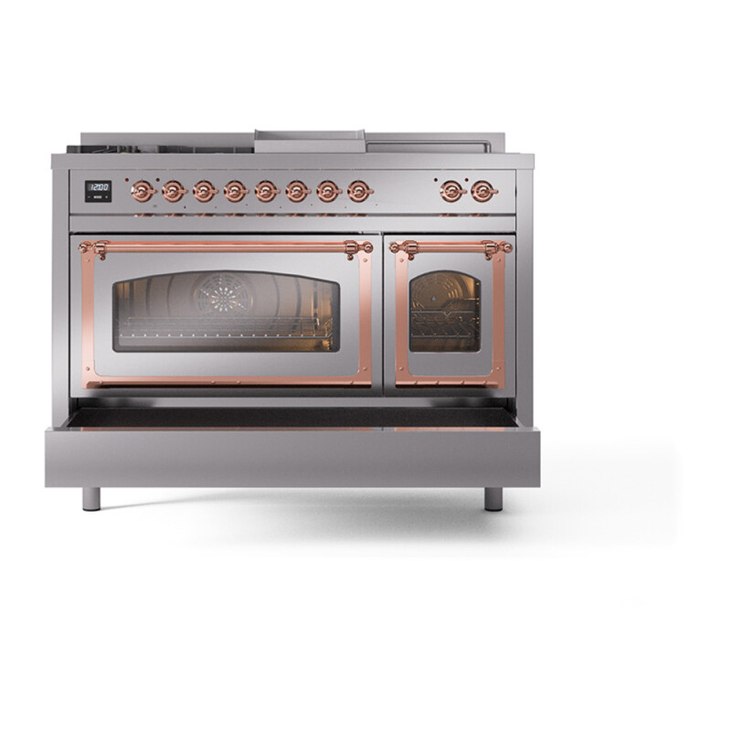 Nostalgie II Noblesse 48″ Dual Fuel Range  (5 Sealed Burners + Griddle + French Top, Liquid Propane, Triple Glass Door, Stainless Steel, Copper) UN48FSNMPSSPLP