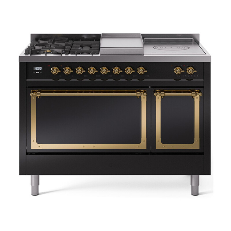 Nostalgie II Noblesse 48″ Dual Fuel Range  (5 Sealed Burners + Griddle + French Top, Natural Gas, Solid Door, Glossy Black, Brass) UN48FSQNMPBKG