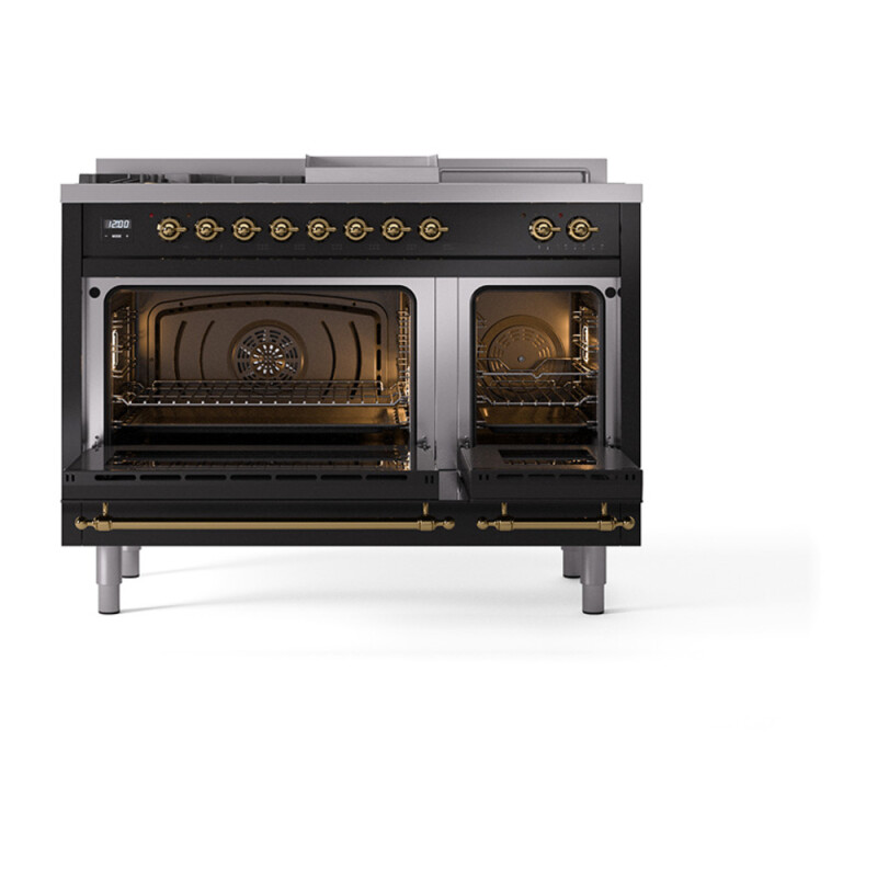 Nostalgie II Noblesse 48″ Dual Fuel Range  (5 Sealed Burners + Griddle + French Top, Natural Gas, Solid Door, Glossy Black, Brass) UN48FSQNMPBKG
