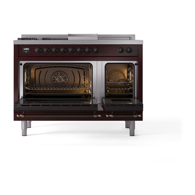 Nostalgie II Noblesse 48″ Dual Fuel Range  (5 Sealed Burners + Griddle + French Top, Natural Gas, Solid Door, Burgundy, Burnished) UN48FSQNMPBUB