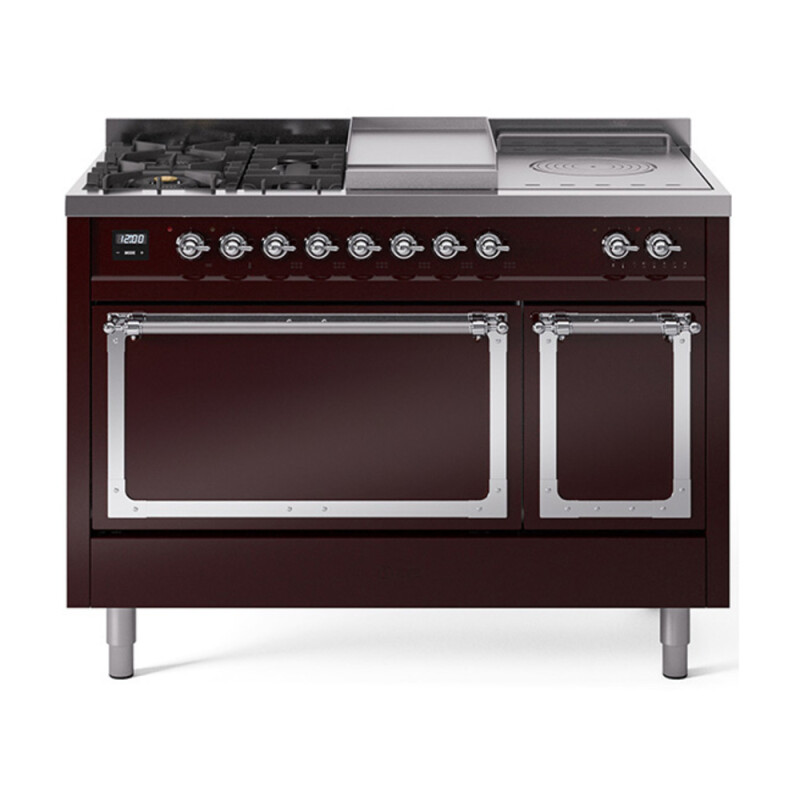 Nostalgie II Noblesse 48″ Dual Fuel Range  (5 Sealed Burners + Griddle + French Top, Natural Gas, Solid Door, Burgundy, Chrome) UN48FSQNMPBUC