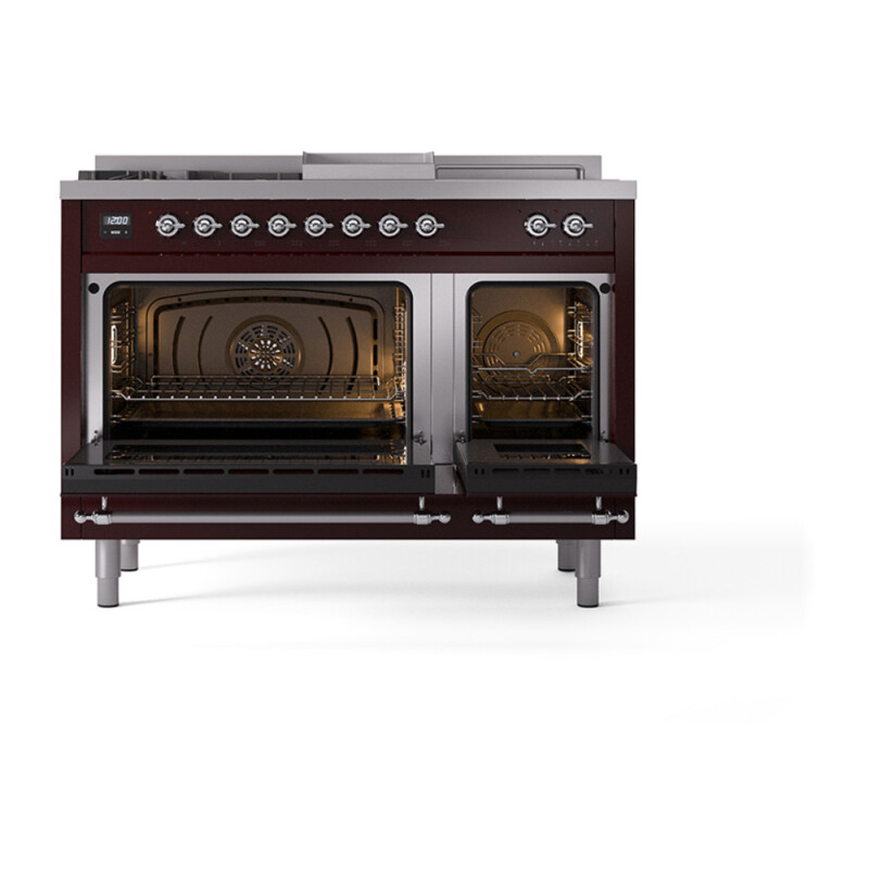Nostalgie II Noblesse 48″ Dual Fuel Range  (5 Sealed Burners + Griddle + French Top, Natural Gas, Solid Door, Burgundy, Chrome) UN48FSQNMPBUC