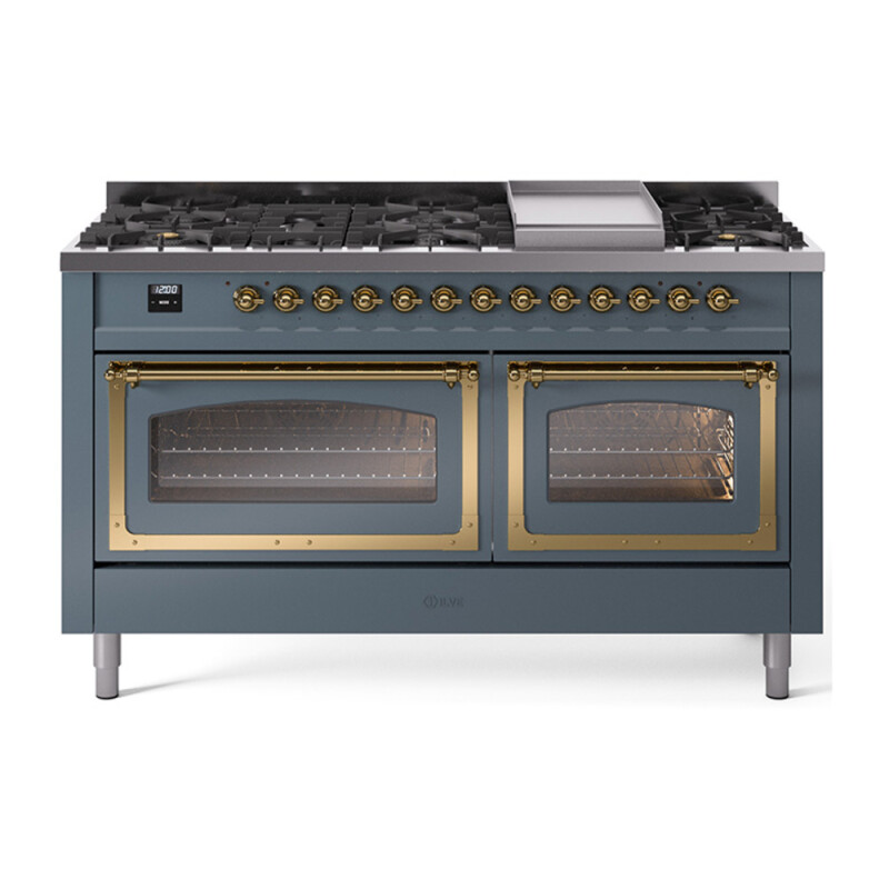 Nostalgie II Noblesse 60″ Dual Fuel Range      (9 Sealed Burners + Griddle, Liquid Propane, Triple Glass Door, Blue Grey, Brass) UN60FNMPBGGLP
