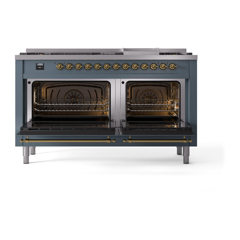 Nostalgie II Noblesse 60″ Dual Fuel Range      (9 Sealed Burners + Griddle, Liquid Propane, Triple Glass Door, Blue Grey, Brass) UN60FNMPBGGLP
