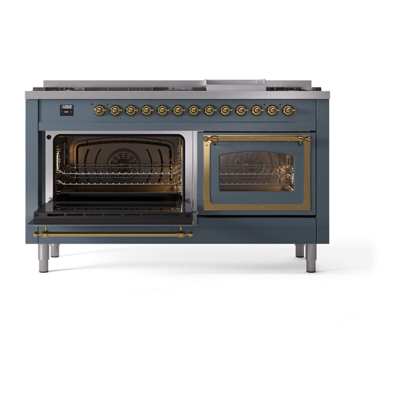 Nostalgie II Noblesse 60″ Dual Fuel Range      (9 Sealed Burners + Griddle, Liquid Propane, Triple Glass Door, Blue Grey, Brass) UN60FNMPBGGLP