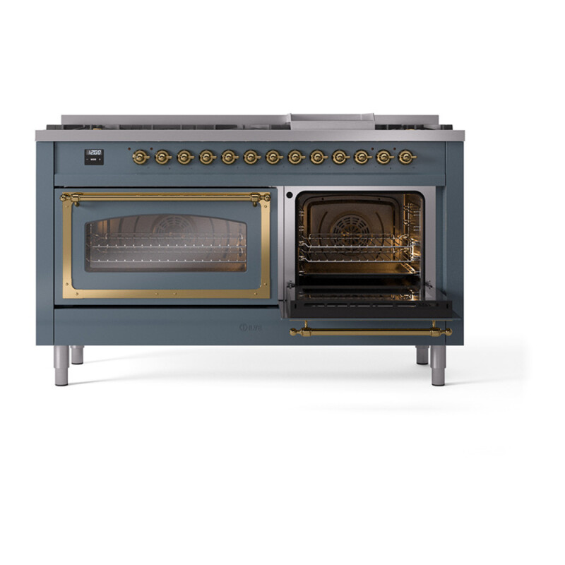 Nostalgie II Noblesse 60″ Dual Fuel Range      (9 Sealed Burners + Griddle, Liquid Propane, Triple Glass Door, Blue Grey, Brass) UN60FNMPBGGLP