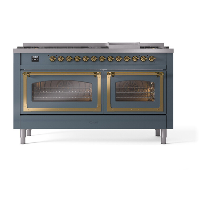 Nostalgie II Noblesse 60″ Dual Fuel Range      (9 Sealed Burners + Griddle, Liquid Propane, Triple Glass Door, Blue Grey, Brass) UN60FNMPBGGLP