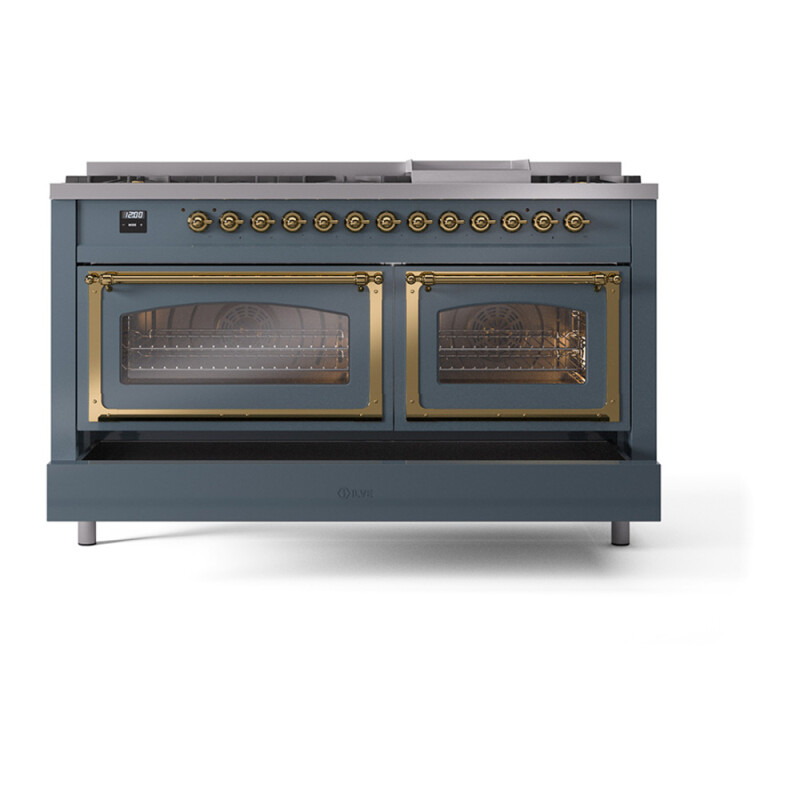 Nostalgie II Noblesse 60″ Dual Fuel Range      (9 Sealed Burners + Griddle, Liquid Propane, Triple Glass Door, Blue Grey, Brass) UN60FNMPBGGLP