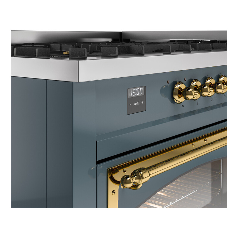 Nostalgie II Noblesse 60″ Dual Fuel Range      (9 Sealed Burners + Griddle, Liquid Propane, Triple Glass Door, Blue Grey, Brass) UN60FNMPBGGLP