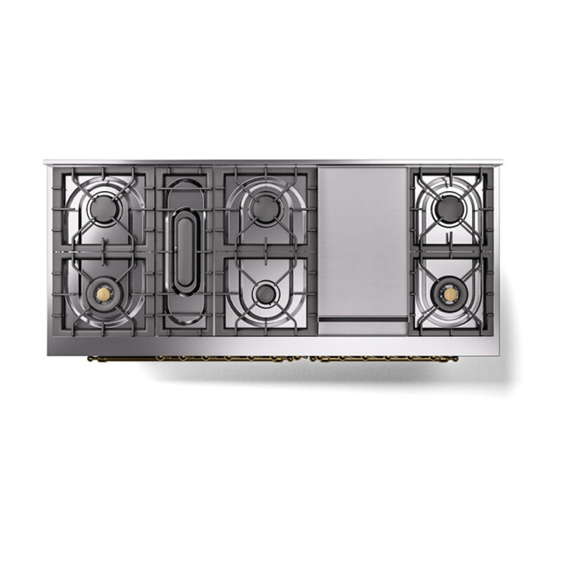 Nostalgie II Noblesse 60″ Dual Fuel Range      (9 Sealed Burners + Griddle, Liquid Propane, Triple Glass Door, Blue Grey, Brass) UN60FNMPBGGLP