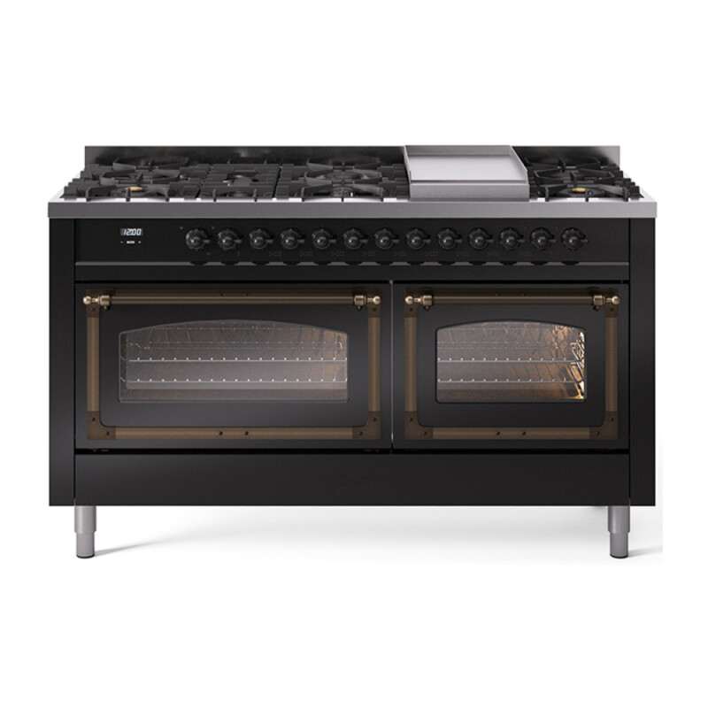 Nostalgie II Noblesse 60″ Dual Fuel Range (9 Sealed Burners + Griddle, Liquid Propane, Triple Glass Door, Glossy Black, Burnished) UN60FNMPBKBLP