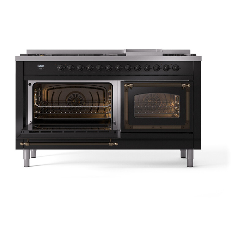 Nostalgie II Noblesse 60″ Dual Fuel Range (9 Sealed Burners + Griddle, Liquid Propane, Triple Glass Door, Glossy Black, Burnished) UN60FNMPBKBLP