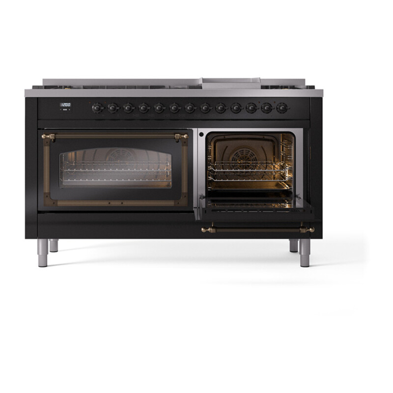 Nostalgie II Noblesse 60″ Dual Fuel Range (9 Sealed Burners + Griddle, Liquid Propane, Triple Glass Door, Glossy Black, Burnished) UN60FNMPBKBLP