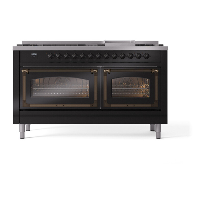 Nostalgie II Noblesse 60″ Dual Fuel Range (9 Sealed Burners + Griddle, Liquid Propane, Triple Glass Door, Glossy Black, Burnished) UN60FNMPBKBLP