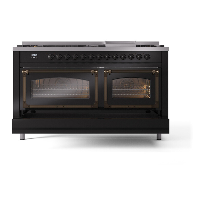 Nostalgie II Noblesse 60″ Dual Fuel Range (9 Sealed Burners + Griddle, Liquid Propane, Triple Glass Door, Glossy Black, Burnished) UN60FNMPBKBLP