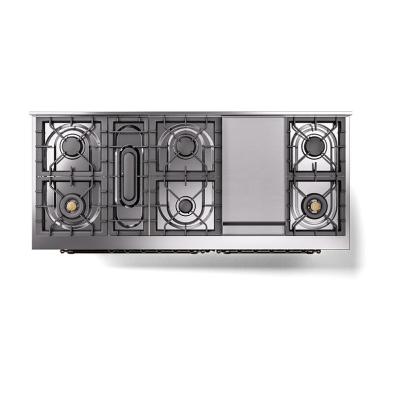 Nostalgie II Noblesse 60″ Dual Fuel Range (9 Sealed Burners + Griddle, Liquid Propane, Triple Glass Door, Glossy Black, Burnished) UN60FNMPBKBLP