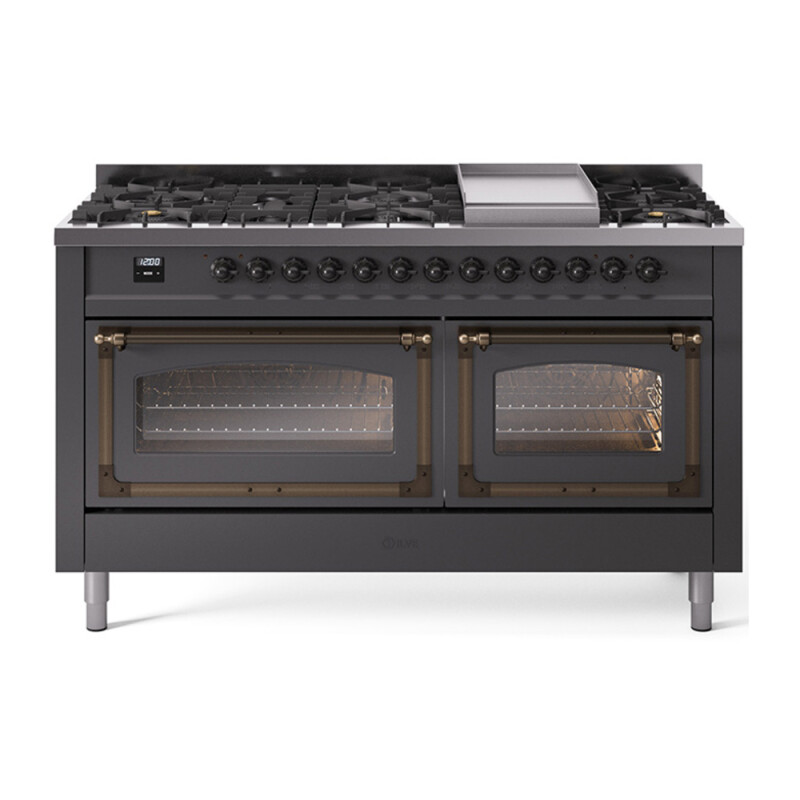 Nostalgie II Noblesse 60″ Dual Fuel Range      (9 Sealed Burners + Griddle, Liquid Propane, Triple Glass Door, Graphite Matte, Burnished) UN60FNMPMGBLP