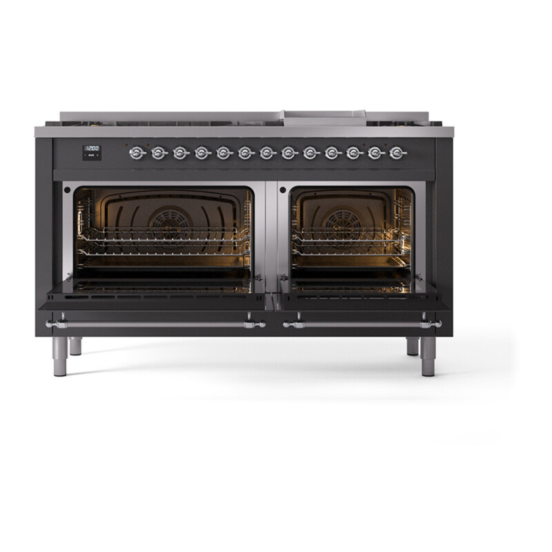 Nostalgie II Noblesse 60″ Dual Fuel Range      (9 Sealed Burners + Griddle, Liquid Propane, Triple Glass Door, Graphite Matte, Burnished) UN60FNMPMGBLP